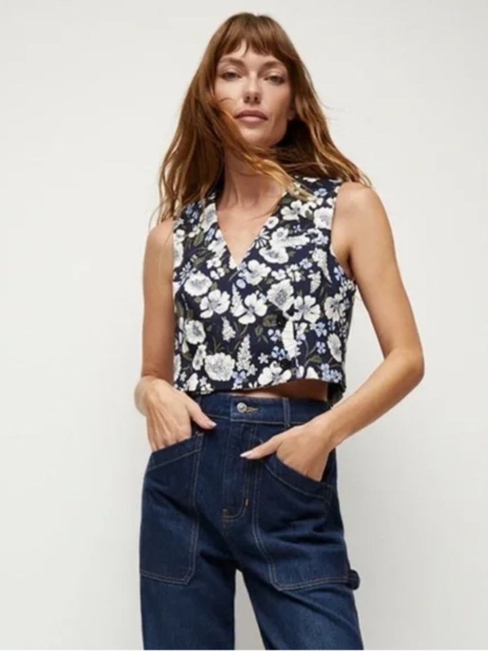 VERONICA BEARD Brinkley Vest Top In Line Floral Navy